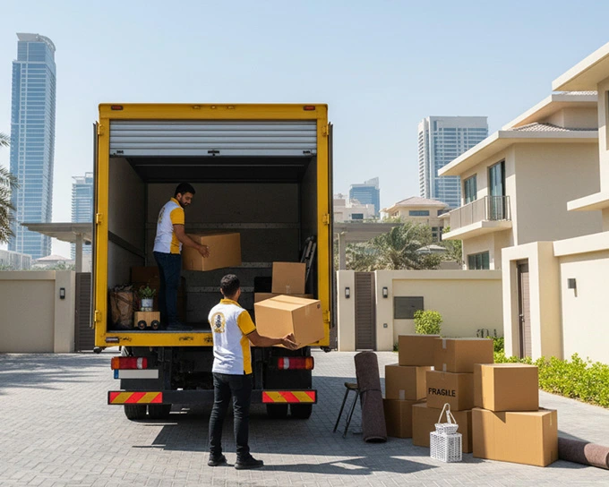 Home 1 A HomeShift UAE moving crew loads boxes from a yellow branded truck in a residential driveway in Dubai, with tall skyscrapers in the background.