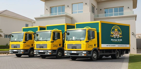 Home 5 Three yellow HomeShift UAE delivery trucks parked in a row in front of a modern building.