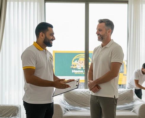 Home 12 Two HomeShift UAE movers indoor, one with a clipboard, discussing the move; brand visible on polo.