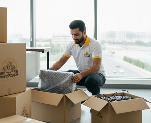 Mover packing office electronics with bubble wrap during an office relocation in Dubai.