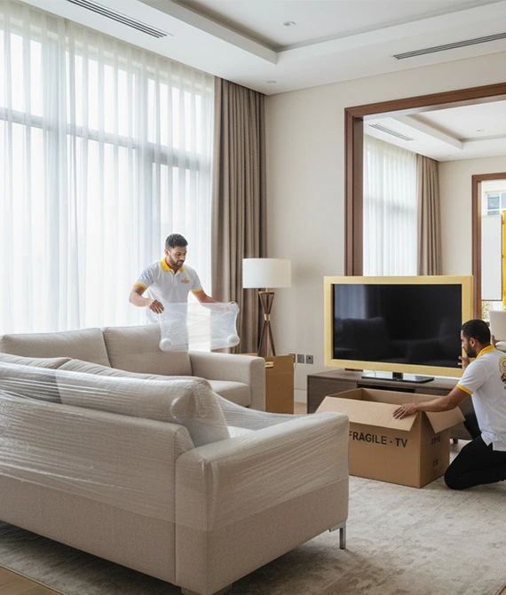 Home 6 A HomeShift UAE crew member wraps a sofa with protective plastic inside a bright living room.