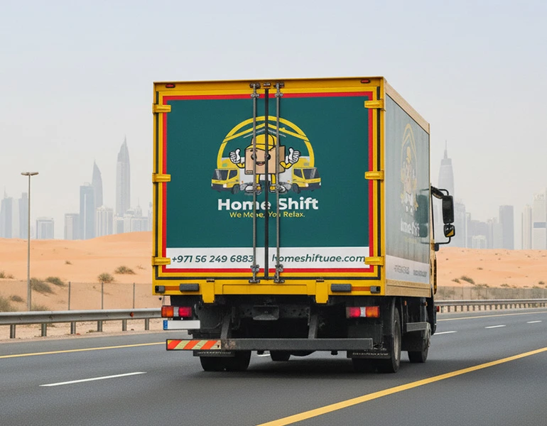 Home 21 A HomeShift UAE yellow moving truck drives on a highway in Dubai desert-adjacent scenery, logo visible on the side.