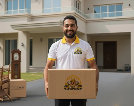 Home 11 A HomeShift UAE team member stands outdoors holding a labeled box, wearing a branded polo.