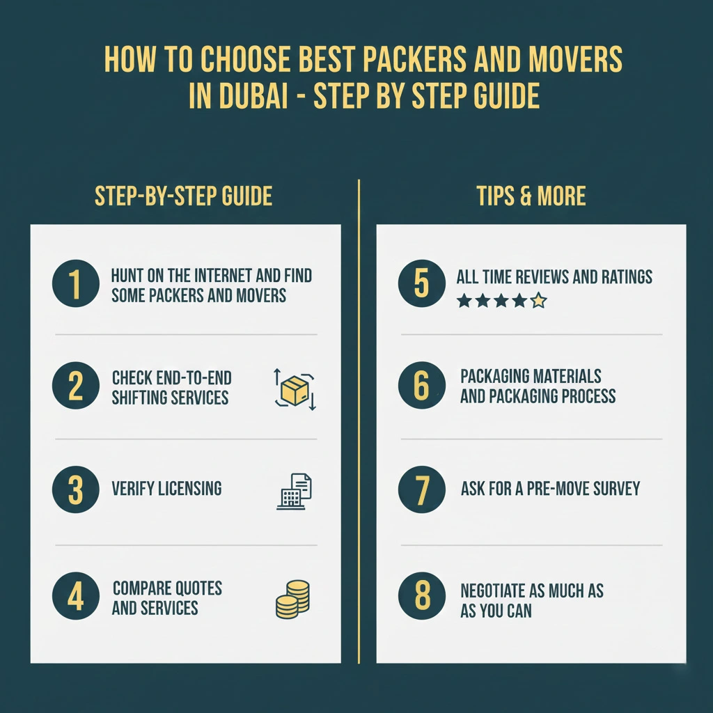 How to Choose Best Packers and Movers in Dubai 1 Infographic detailing 8 essential steps on How to Choose Best Packers and Movers in Dubai, including checking licensing, comparing quotes, and reviewing ratings.