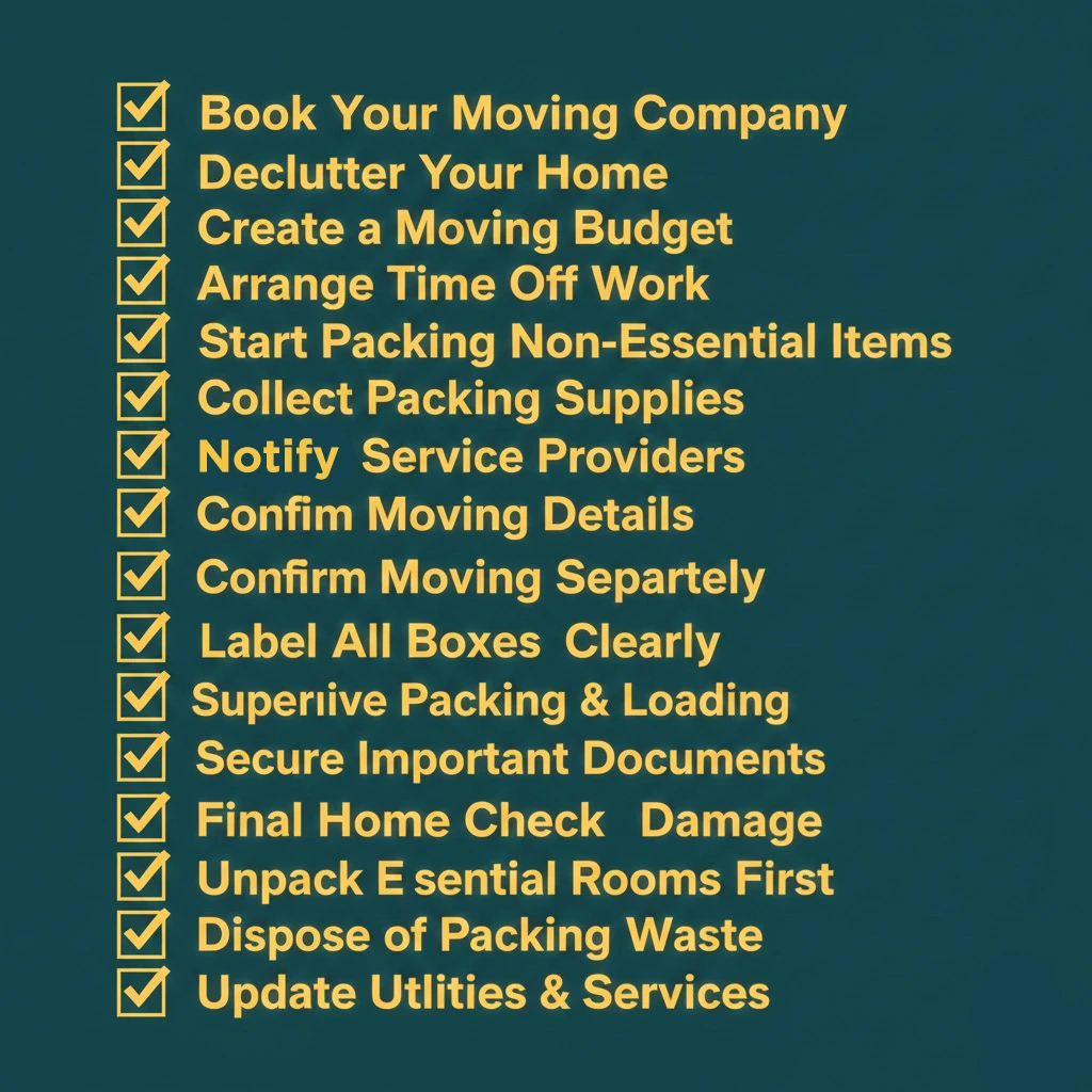 Moving House Checklist Dubai What To Do & When 1 A simple, square checklist graphic for moving house. The background is dark teal/petrol green (#175151) and the text is bright yellow (#ffce00). It lists essential tasks such as 'Book Your Moving Company,' 'Declutter Your Home,' 'Label All Boxes Clearly,' and 'Unpack Essential Rooms First.